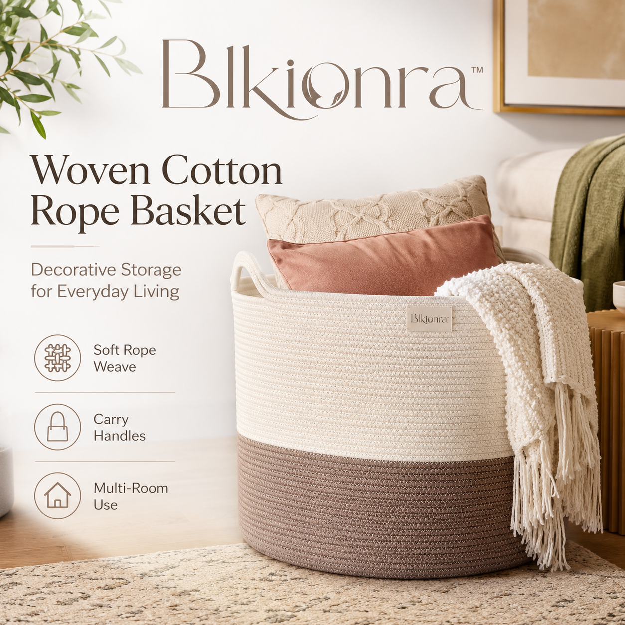 Blkionra™ Large Woven Cotton Rope Storage Basket with Handles – Decorative Blanket, Pillow, Toy & Laundry Organizer