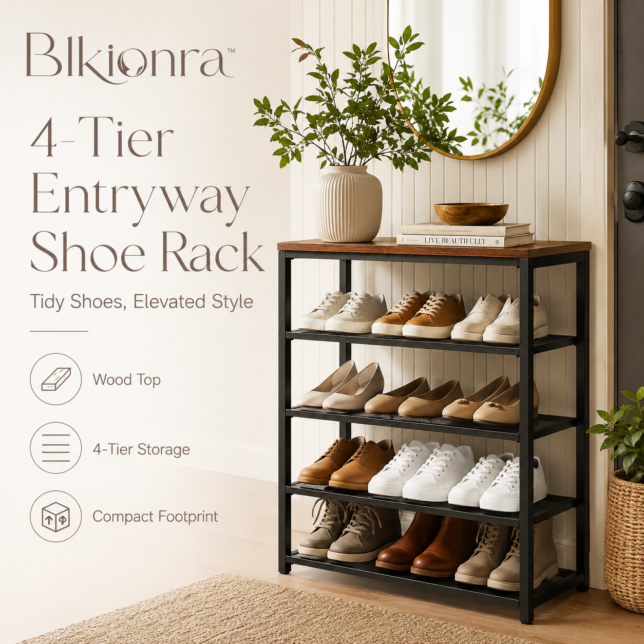 Blkionra™ 4-Tier Entryway Shoe Rack with Wood Top – Metal Shoe Organizer Shelf for Closet, Hallway & Mudroom