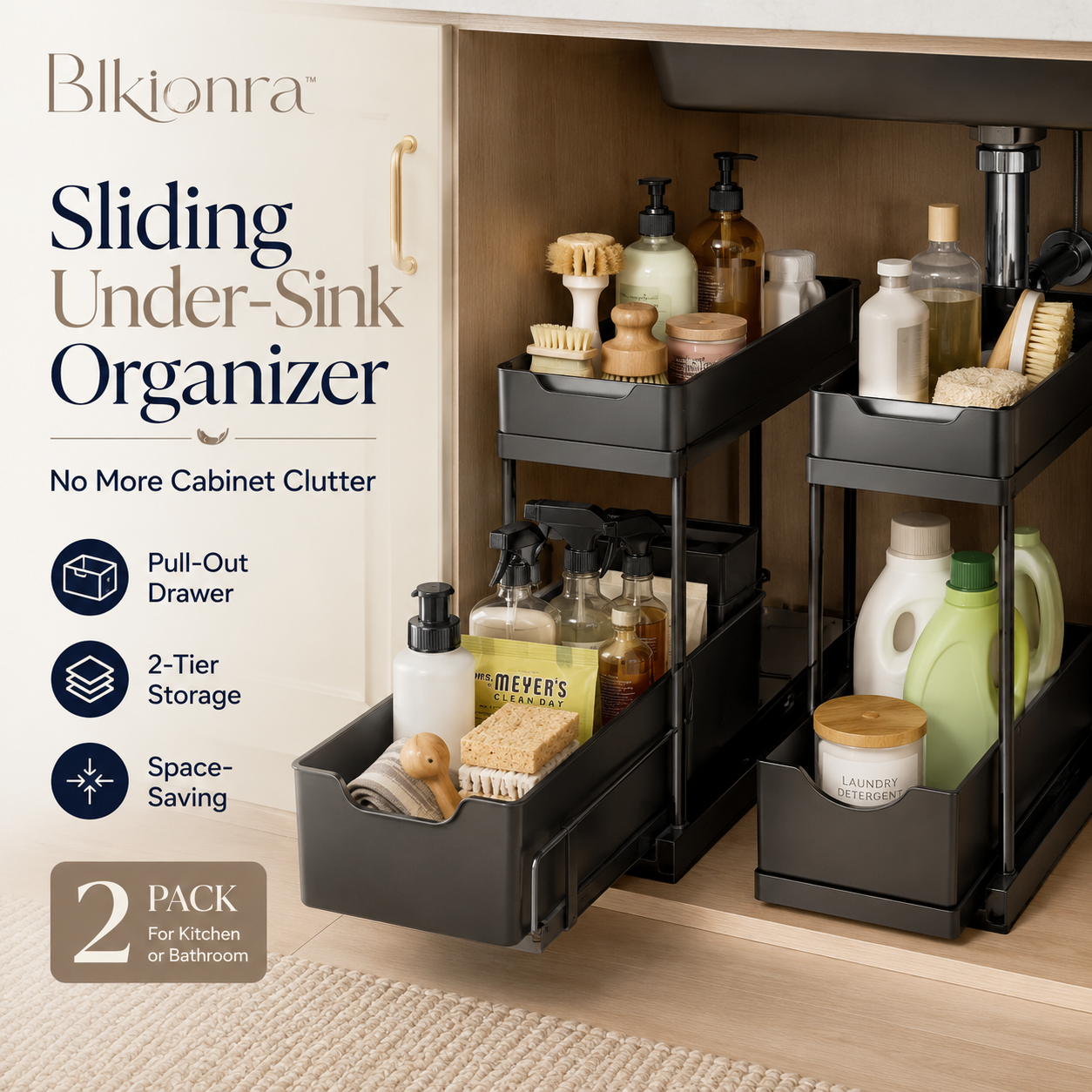 Blkionra™ 2-Pack Sliding Under-Sink Organizer with Pull-Out Drawers – Bathroom, Kitchen Cabinet & Cleaning Supply Storage