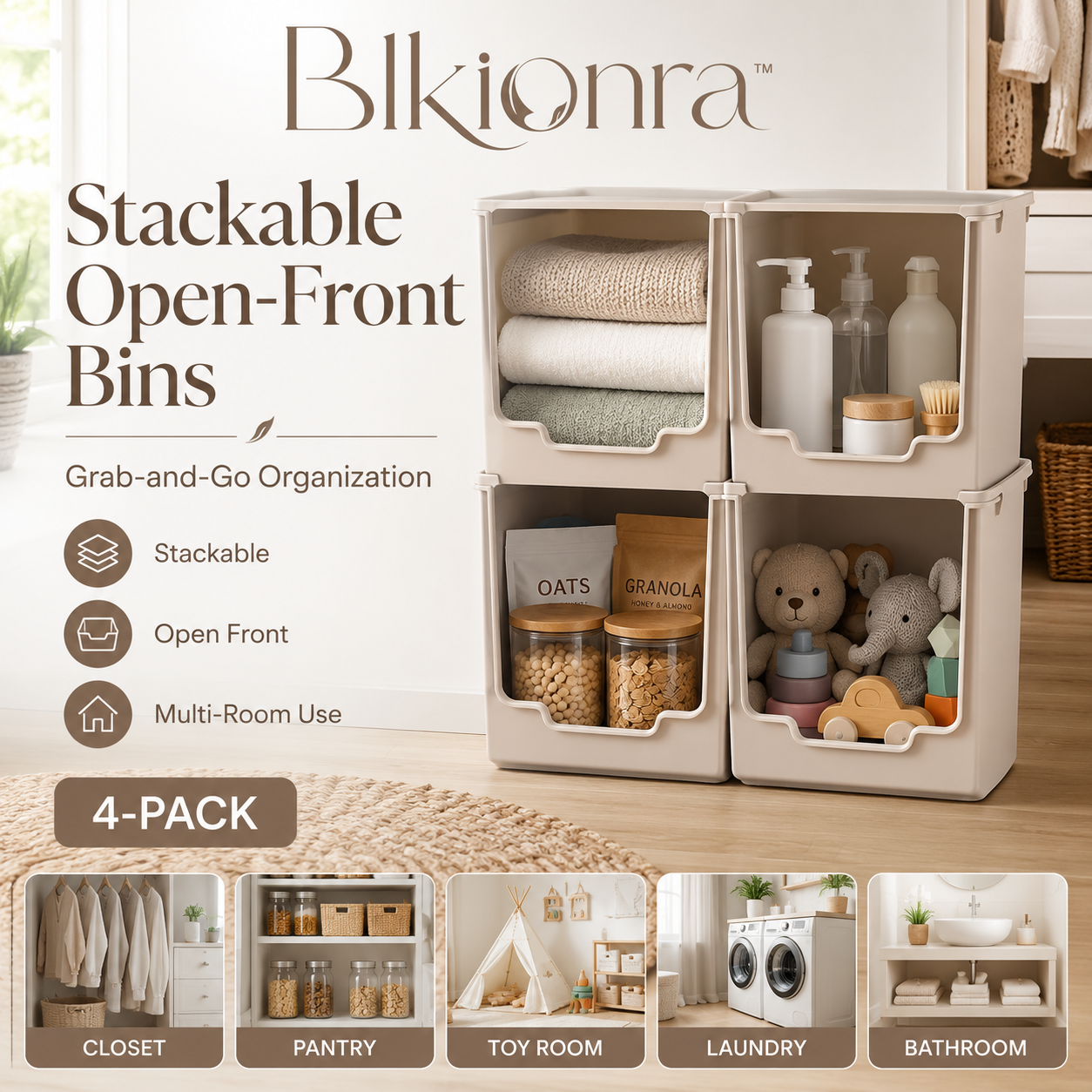Blkionra™ 4-Pack Stackable Open-Front Storage Bins – Closet, Pantry, Toy Room, Laundry & Bathroom Shelf Organizers