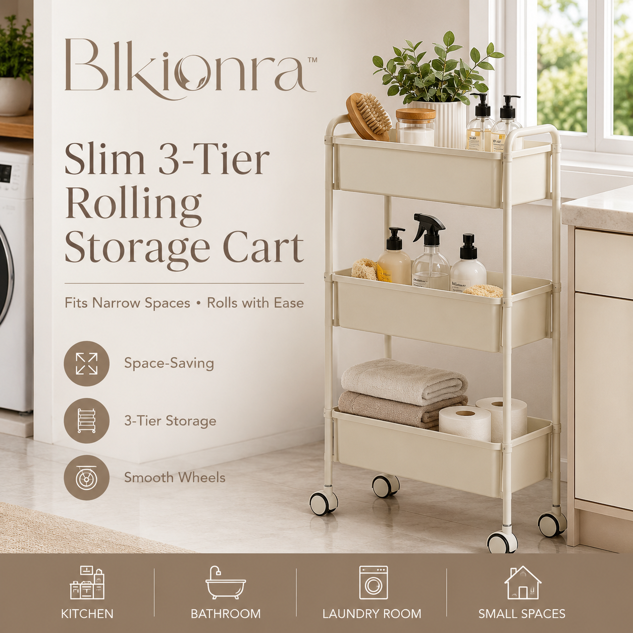 Blkionra™ Slim 3-Tier Rolling Storage Cart with Wheels – Narrow Utility Organizer for Kitchen, Bathroom, Laundry Room & Small Spaces