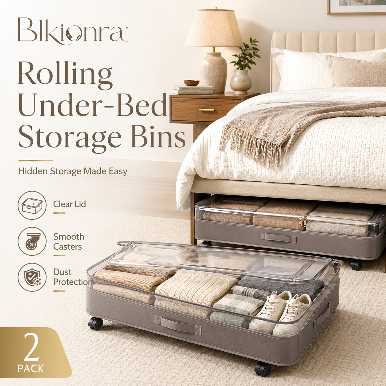Blkionra™ 2-Pack Rolling Under-Bed Storage Bins with Clear Lids – Underbed Clothes, Shoe, Blanket & Bedding Organizers