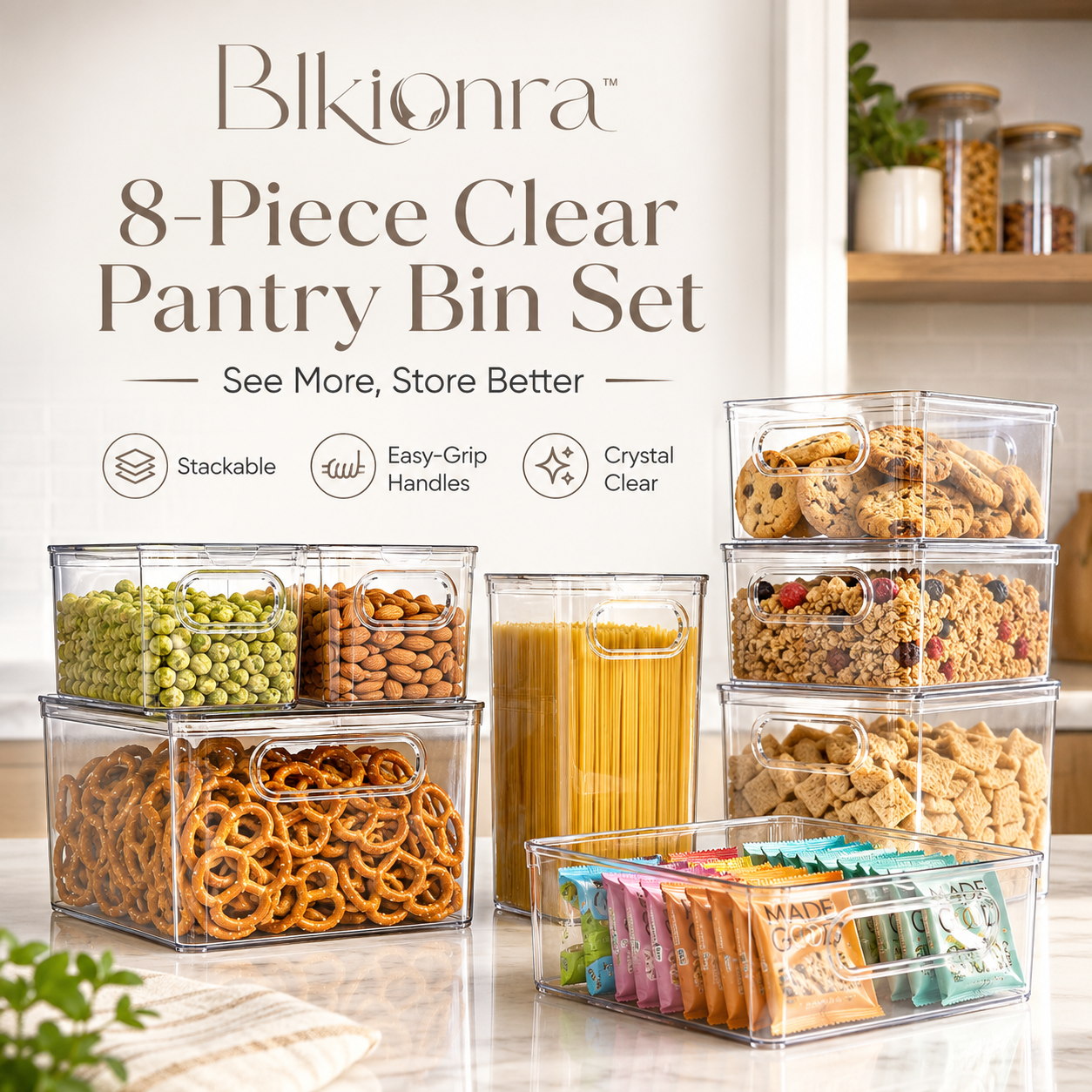 Blkionra™ 8-Piece Clear Pantry Storage Bin Set with Handles – Stackable Kitchen, Refrigerator, Cabinet & Snack Organizers