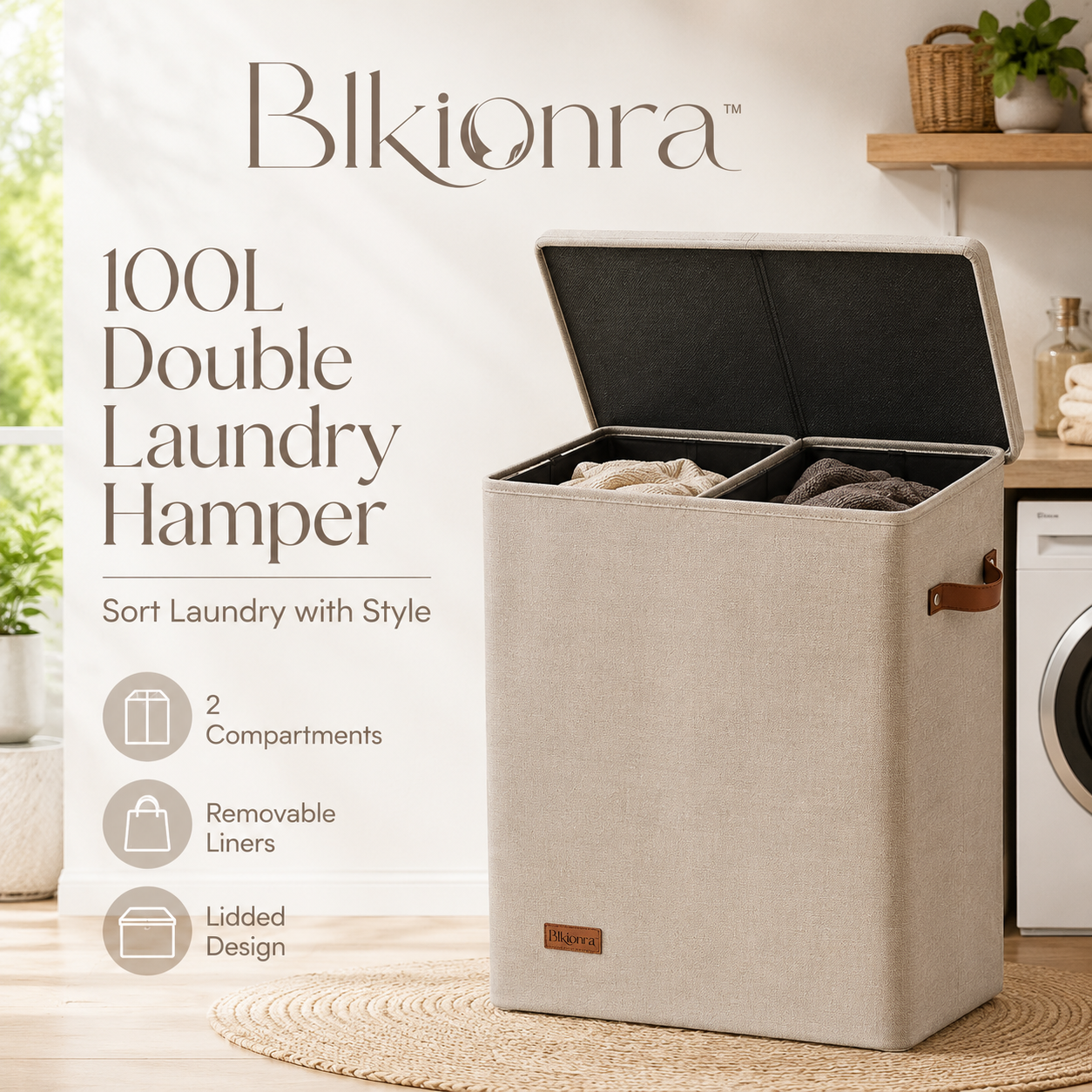 Blkionra™ 100L Double Laundry Hamper with Lid – Two-Section Clothes Sorter with Removable Liner Bags & Handles