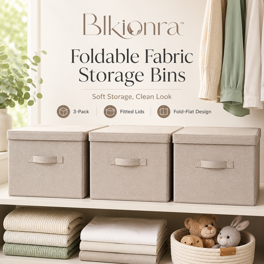 Blkionra™ 3-Pack Large Foldable Fabric Storage Bins with Lids – Closet Shelf, Linen, Toy & Clothing Organizer Boxes