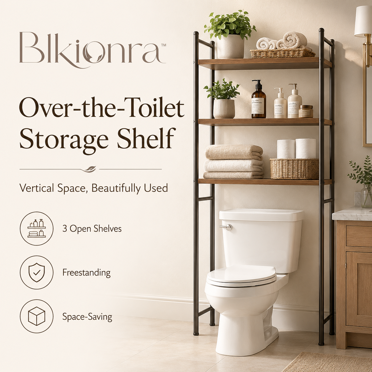 Blkionra™ 3-Tier Over-the-Toilet Bathroom Storage Shelf – Freestanding Space-Saving Organizer for Towels, Toilet Paper & Toiletries